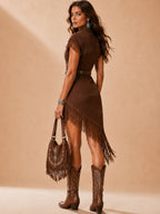 Perfect For Country Music Festivals — 2026 Spring Summer Women'S Vintage Brown Fringe Western Mini Dress(No Belt)