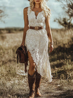 Women's White Lace High Low Maxi Dress, Sleeveless V-Neck Western Cowgirl Dress