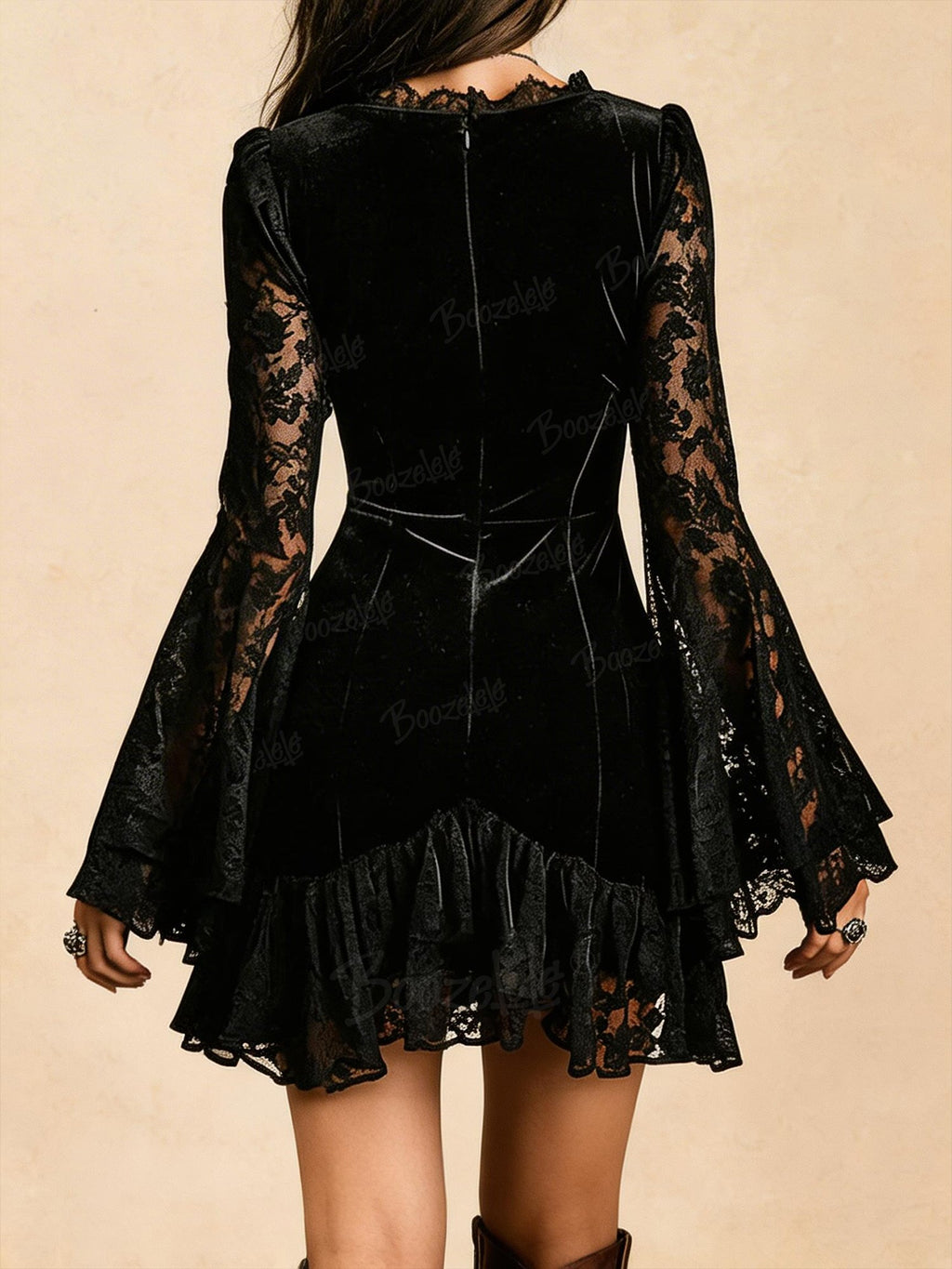 Western Lace Velvet Deep V-Neck Long Sleeve Mini Dress
