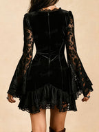 Western Lace Velvet Deep V-Neck Long Sleeve Mini Dress