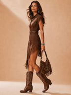 Perfect For Country Music Festivals — 2026 Spring Summer Women'S Vintage Brown Fringe Western Mini Dress(No Belt)