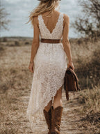 Women's White Lace High Low Maxi Dress, Sleeveless V-Neck Western Cowgirl Dress