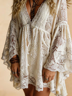 Women's Holiday Casual Elegant High-Waisted Batwing Sleeve Loose Lace Dress