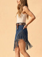 Women's Blue Denim Fringe Western Skirt, High Waist Asymmetrical Fringe Mini Skirt for Rodeo