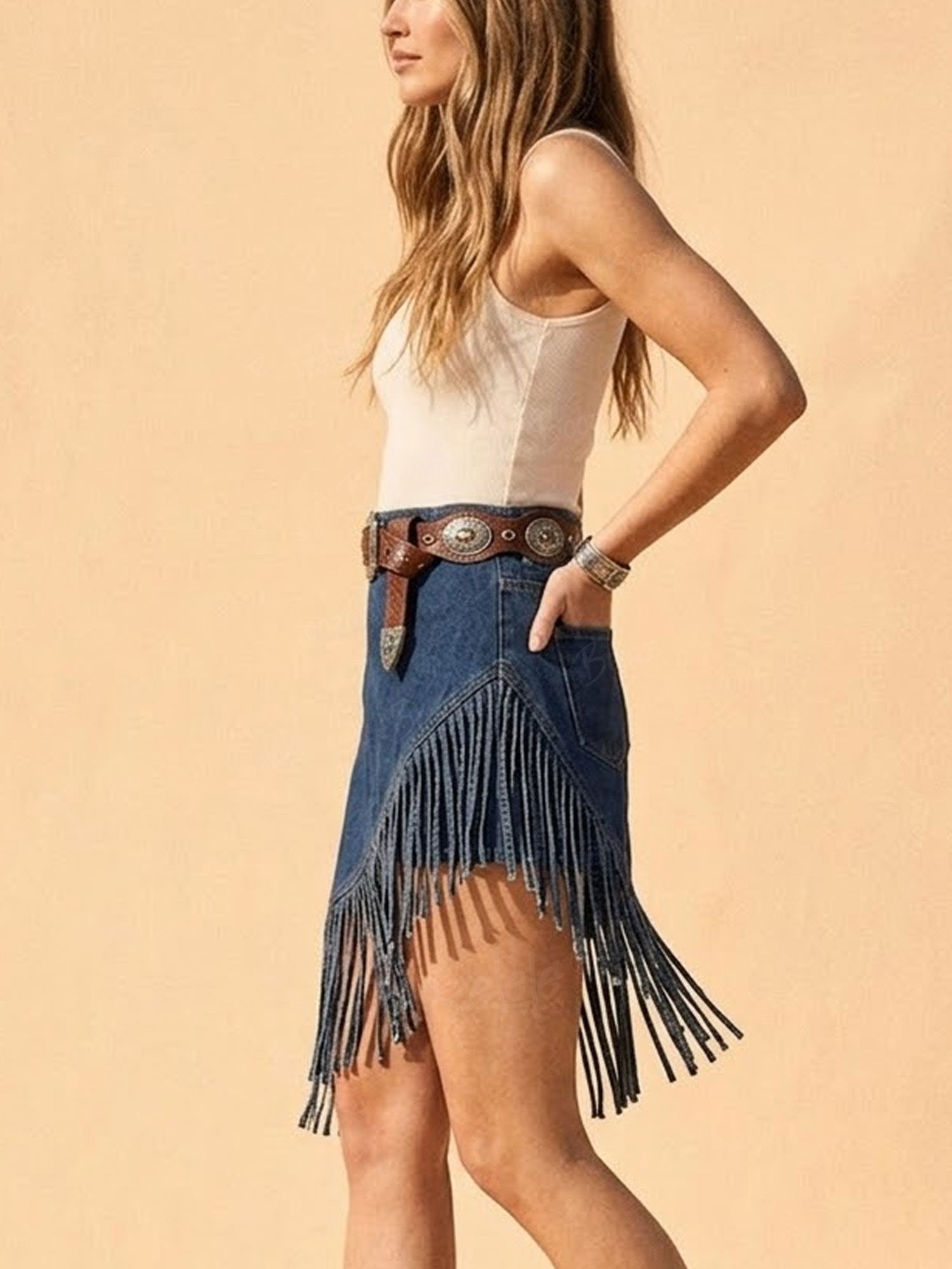 Women's Blue Denim Fringe Western Skirt, High Waist Asymmetrical Fringe Mini Skirt for Rodeo