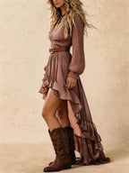 Bohemian polka dot V-neck dress with high and low hem