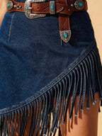 Women's Blue Denim Fringe Western Skirt, High Waist Asymmetrical Fringe Mini Skirt for Rodeo