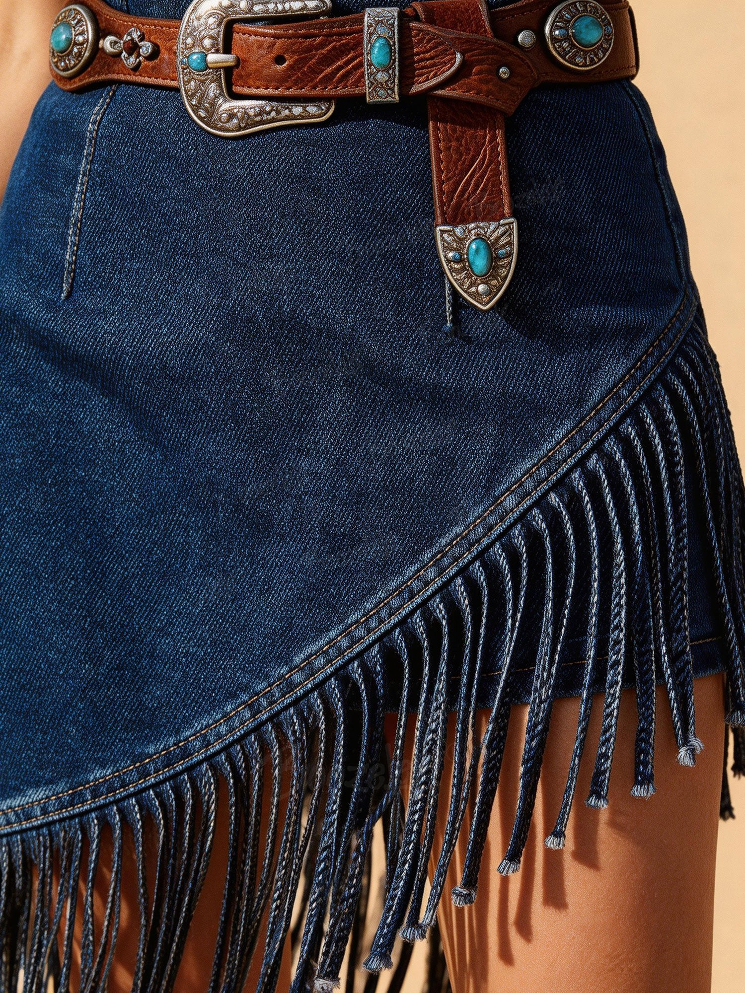Women's Blue Denim Fringe Western Skirt, High Waist Asymmetrical Fringe Mini Skirt for Rodeo