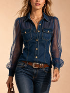 Perfect for Country Music Festivals — 2026 Spring Summer Women's Dark Blue Sheer Mesh Puff Sleeve Denim Shirt