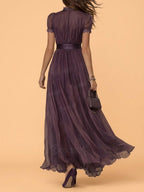 2026 SS Western Romance — Smoky Mauve Heavy Eyelet Embroidered Sunburst Pleated Maxi Dress