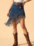 Women's Blue Denim Fringe Western Skirt, High Waist Asymmetrical Fringe Mini Skirt for Rodeo