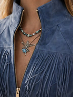 Retro Western Style Zippered Collar Blue Fringed Faux Suede Mini Dress