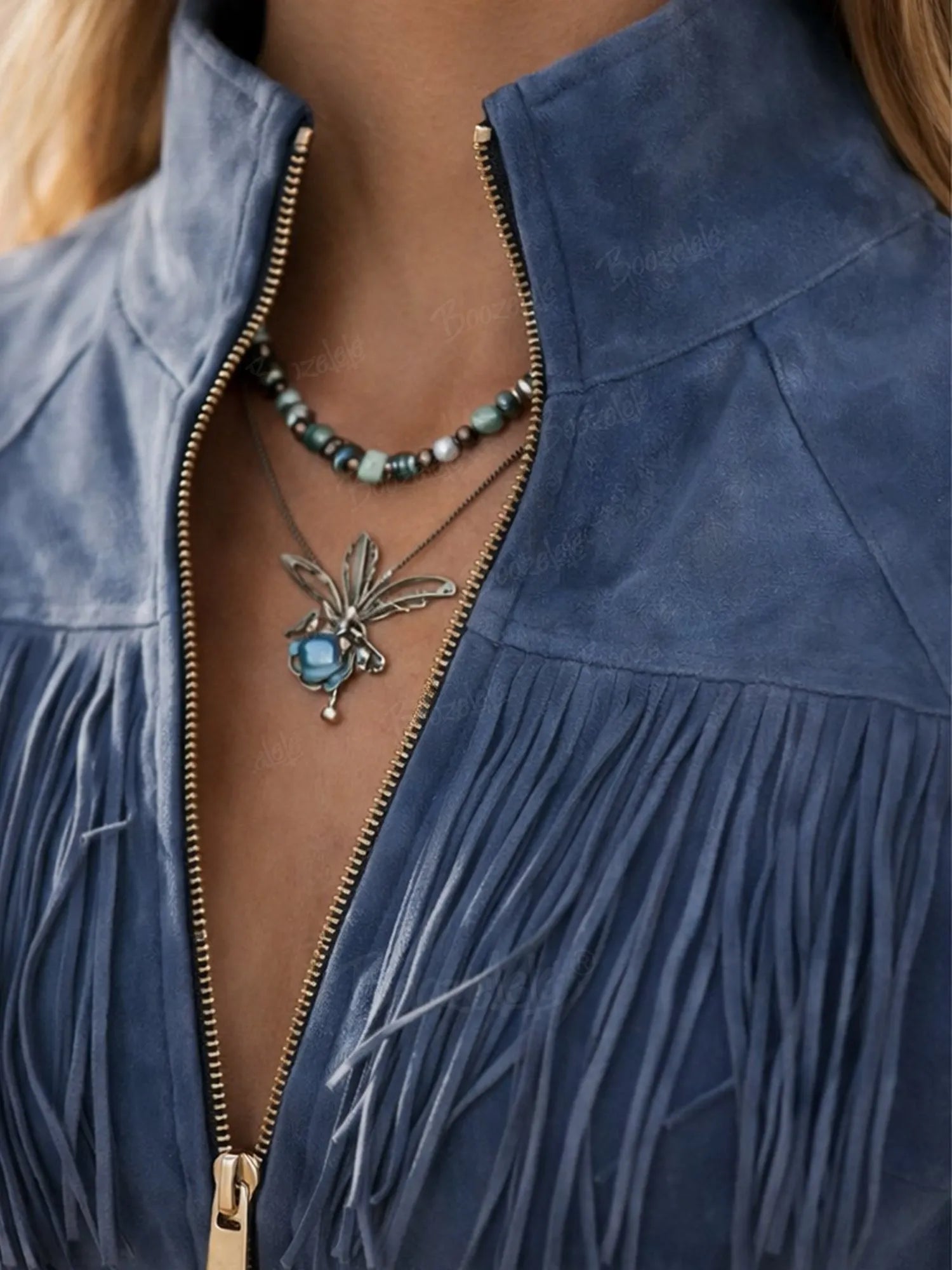 Retro Western Style Zippered Collar Blue Fringed Faux Suede Mini Dress
