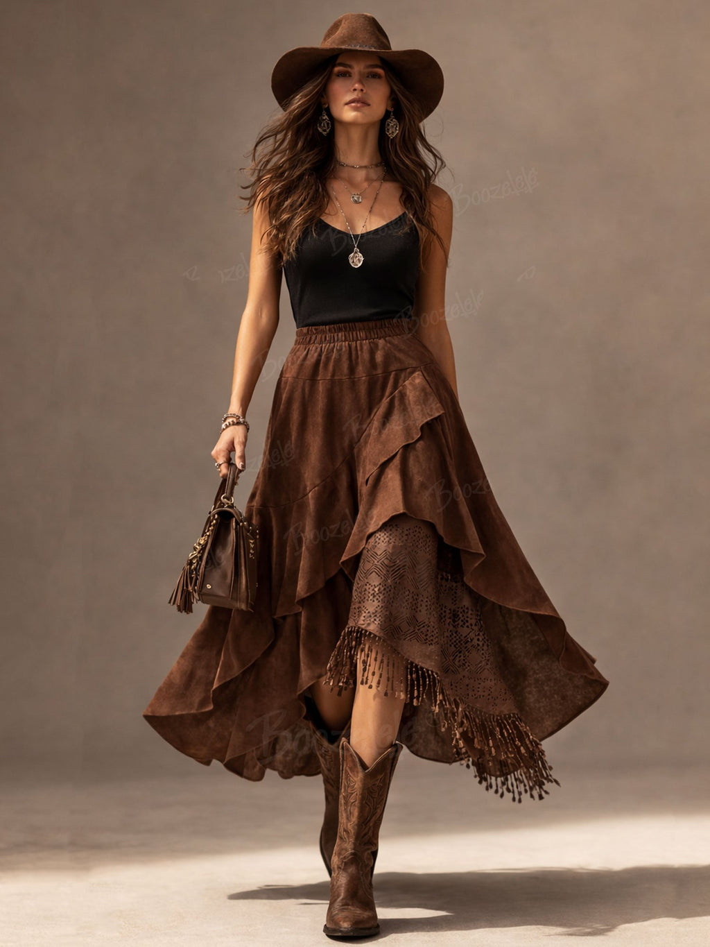 Vintage Western Fringe Skirt, Women's Brown Asymmetrical Ruffle Maxi Skirt