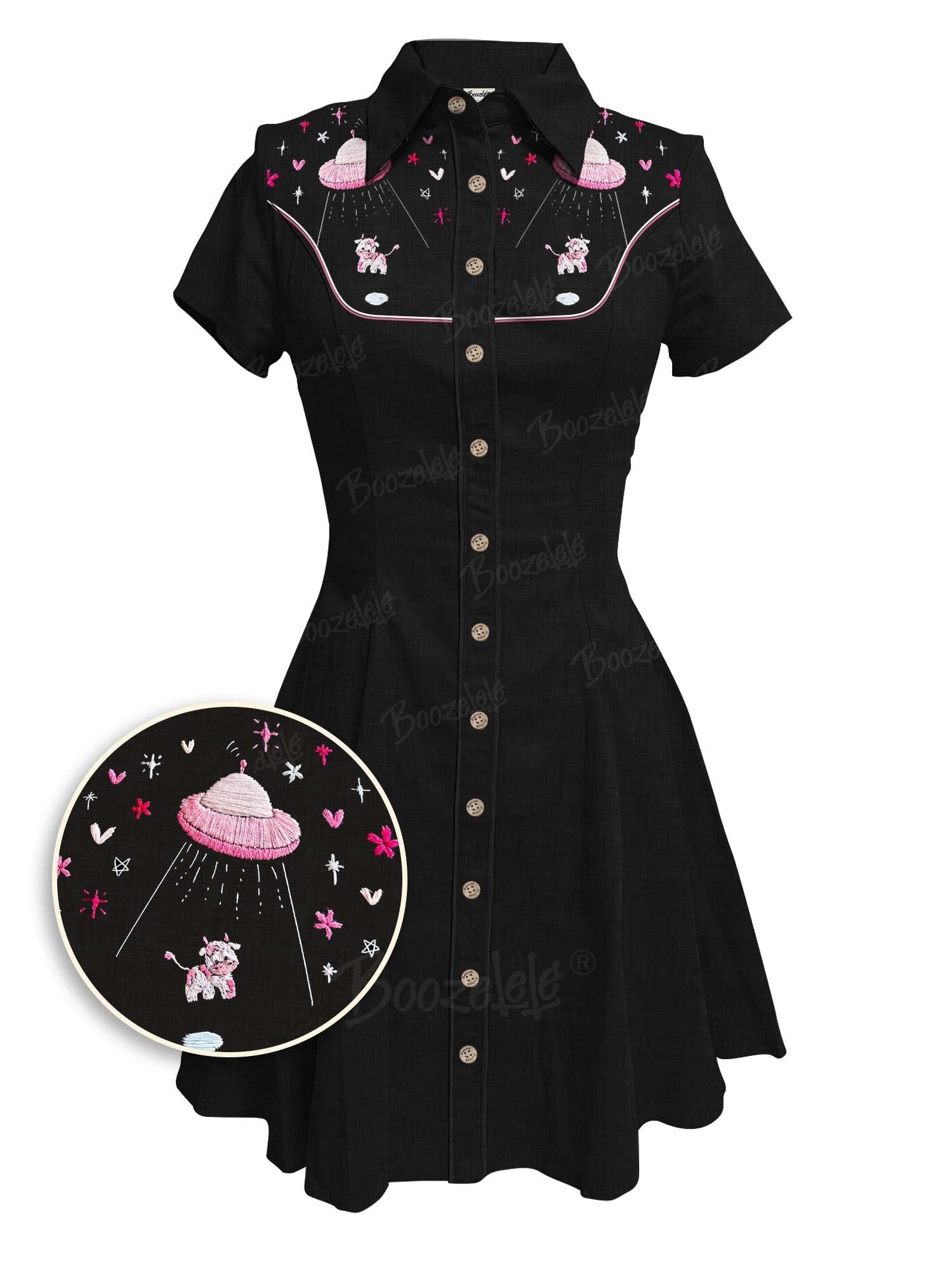 [Embroidery]UFO Captures Pink Cow  - 100% Cotton Dress