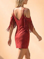 Women's Vintage Western Rust Faux Suede Fringe Mini Dress Cold Shoulder V-Neck Cowgirl Dress