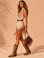 Suitable For Chic Weekend Getaways — 2026 S/S Elegant Women'S Comfort Khaki Twill Western Bohemian Style Sleeveless Mini Dress(No Belt)