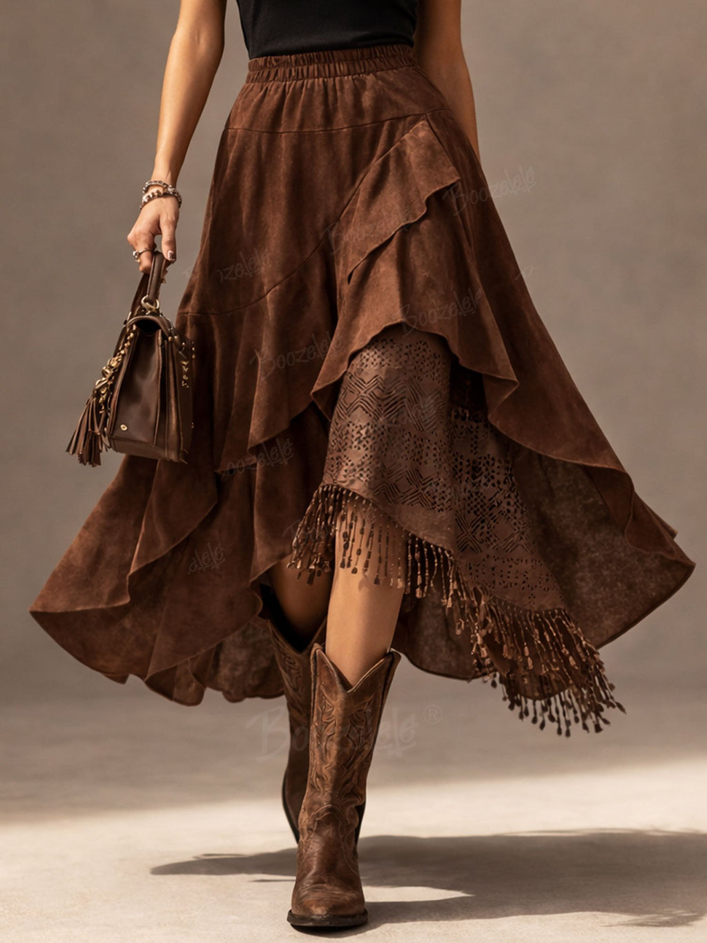 Vintage Western Fringe Skirt, Women's Brown Asymmetrical Ruffle Maxi Skirt