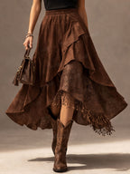 Vintage Western Fringe Skirt, Women's Brown Asymmetrical Ruffle Maxi Skirt