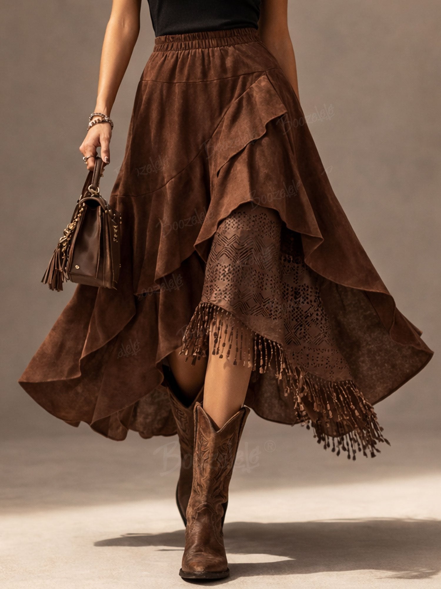Vintage Western Fringe Skirt, Women's Brown Asymmetrical Ruffle Maxi Skirt