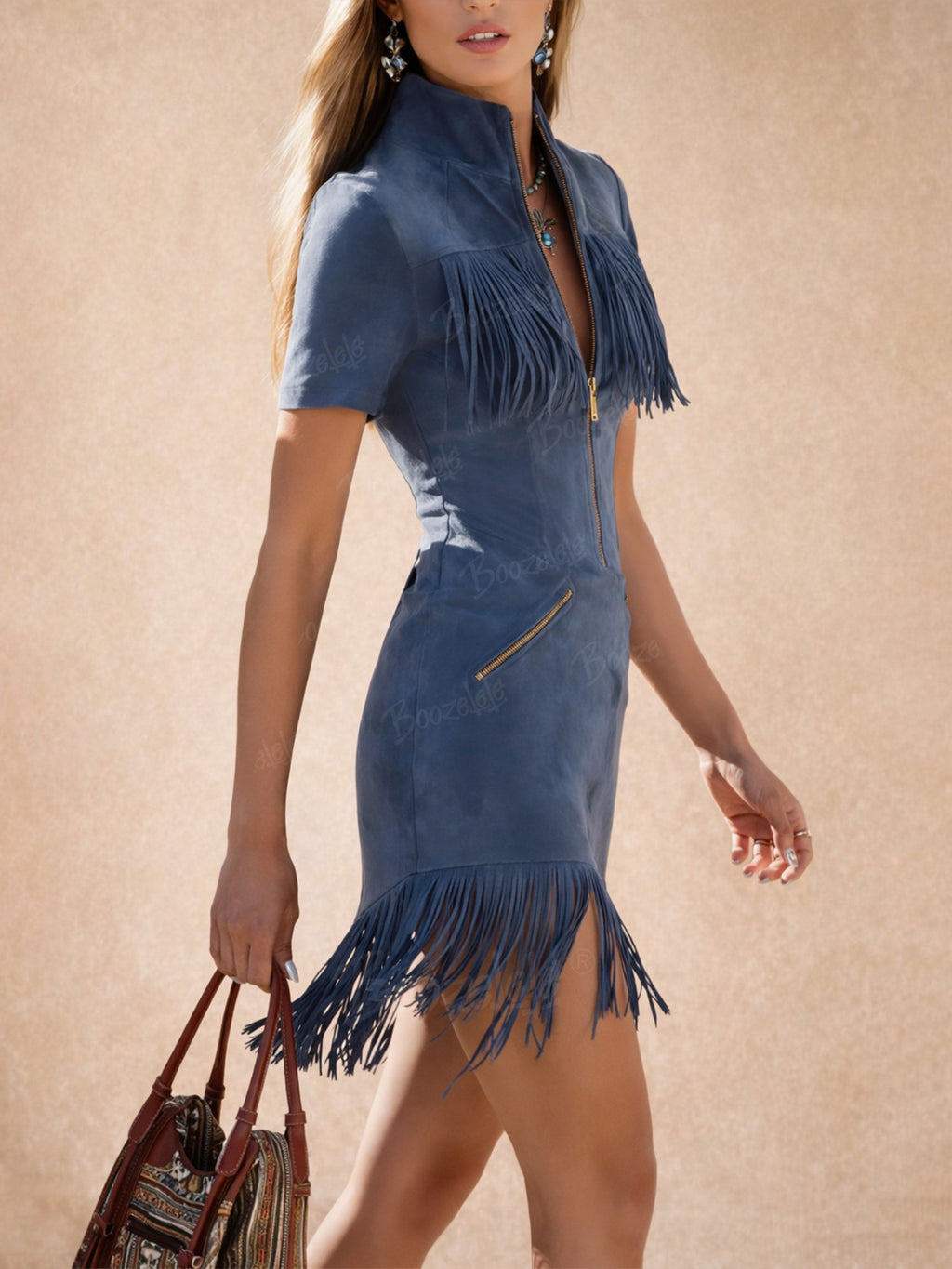 Retro Western Style Zippered Collar Blue Fringed Faux Suede Mini Dress