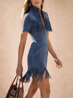 Retro Western Style Zippered Collar Blue Fringed Faux Suede Mini Dress