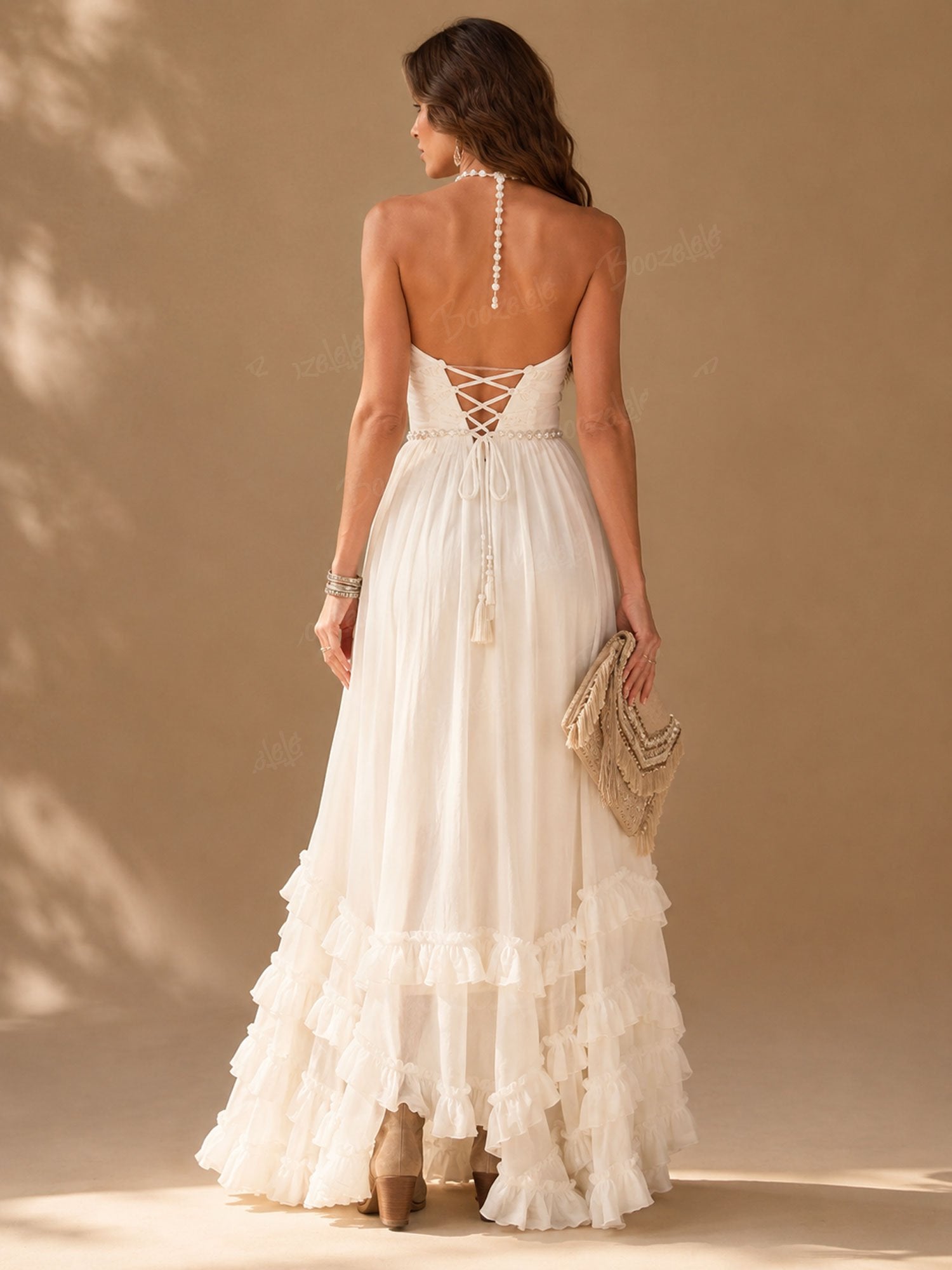 Boho Desert Sunset Festival — Vintage Ivory Pearl-Trimmed Corset Bodice Backless Flowy Chiffon Maxi Dress