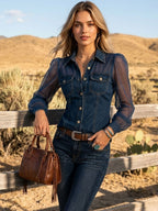Perfect for Country Music Festivals — 2026 Spring Summer Women's Dark Blue Sheer Mesh Puff Sleeve Denim Shirt