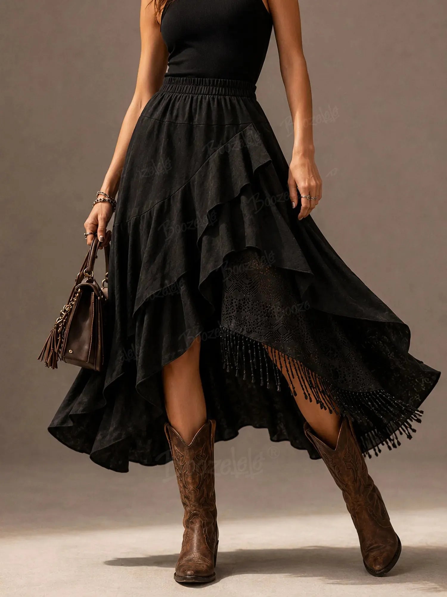 Vintage Western Fringe Skirt, Women's Brown Asymmetrical Ruffle Maxi Skirt