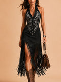 Ideal for a Luxury Western Getaway — Mystery Black Asymmetric Long Fringe Stretch Slim-Fit Slit Maxi Dress