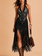 Ideal for a Luxury Western Getaway — Mystery Black Asymmetric Long Fringe Stretch Slim-Fit Slit Maxi Dress