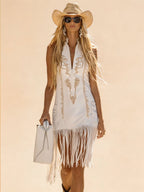 Vintage Western Fringe Mini Dress, Women's White Cowgirl Dress
