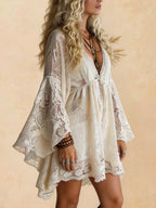 Women's Holiday Casual Elegant High-Waisted Batwing Sleeve Loose Lace Dress