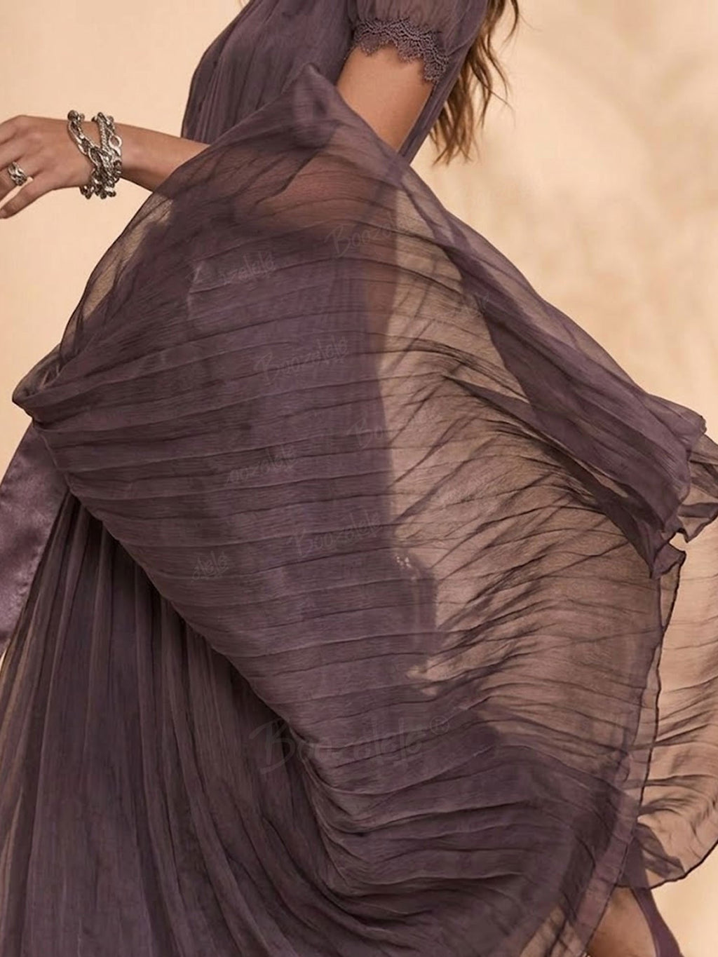 2026 SS Western Romance — Smoky Mauve Heavy Eyelet Embroidered Sunburst Pleated Maxi Dress