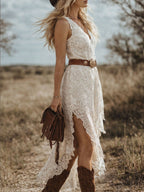 Women's White Lace High Low Maxi Dress, Sleeveless V-Neck Western Cowgirl Dress