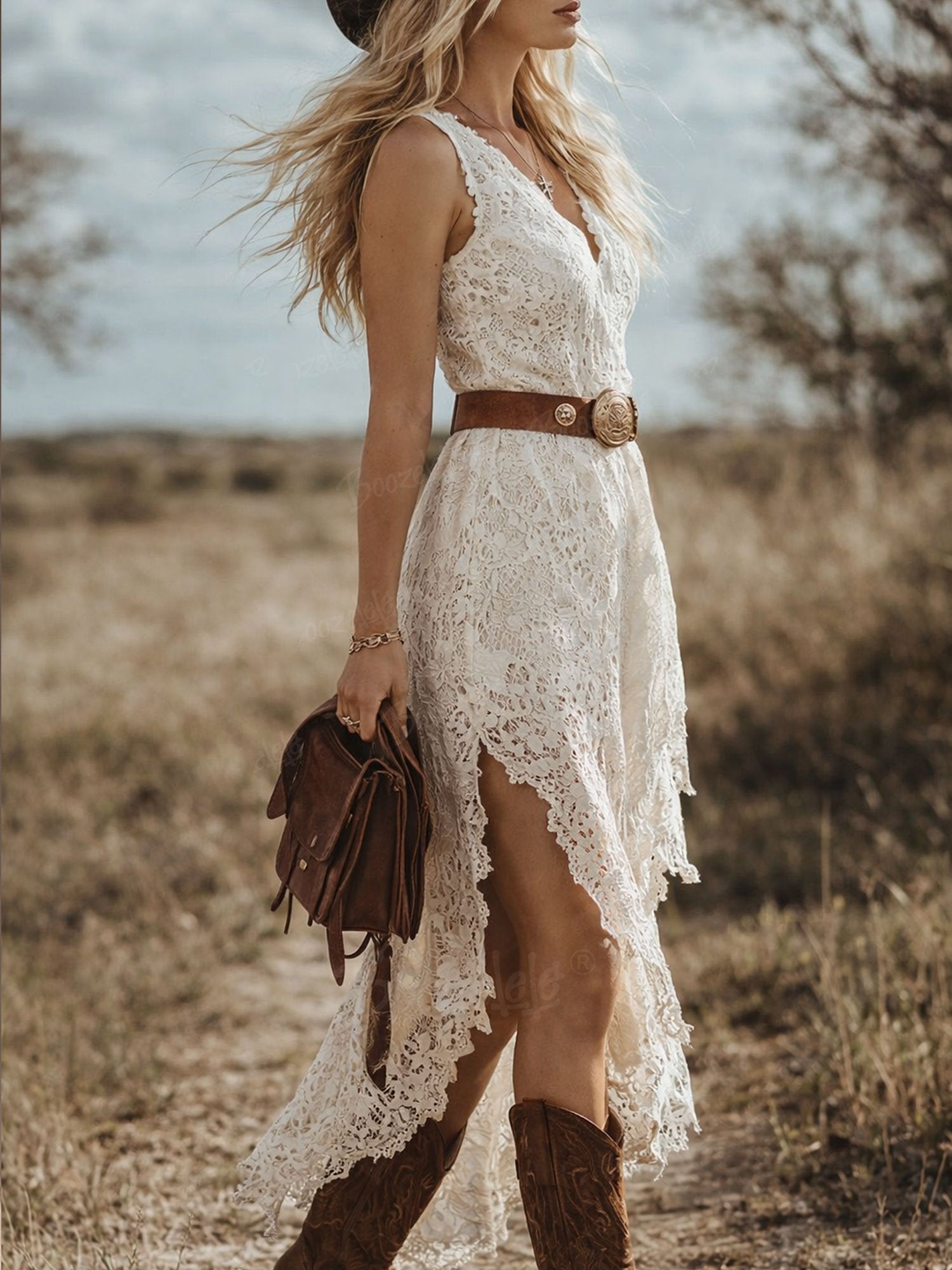 Women's White Lace High Low Maxi Dress, Sleeveless V-Neck Western Cowgirl Dress