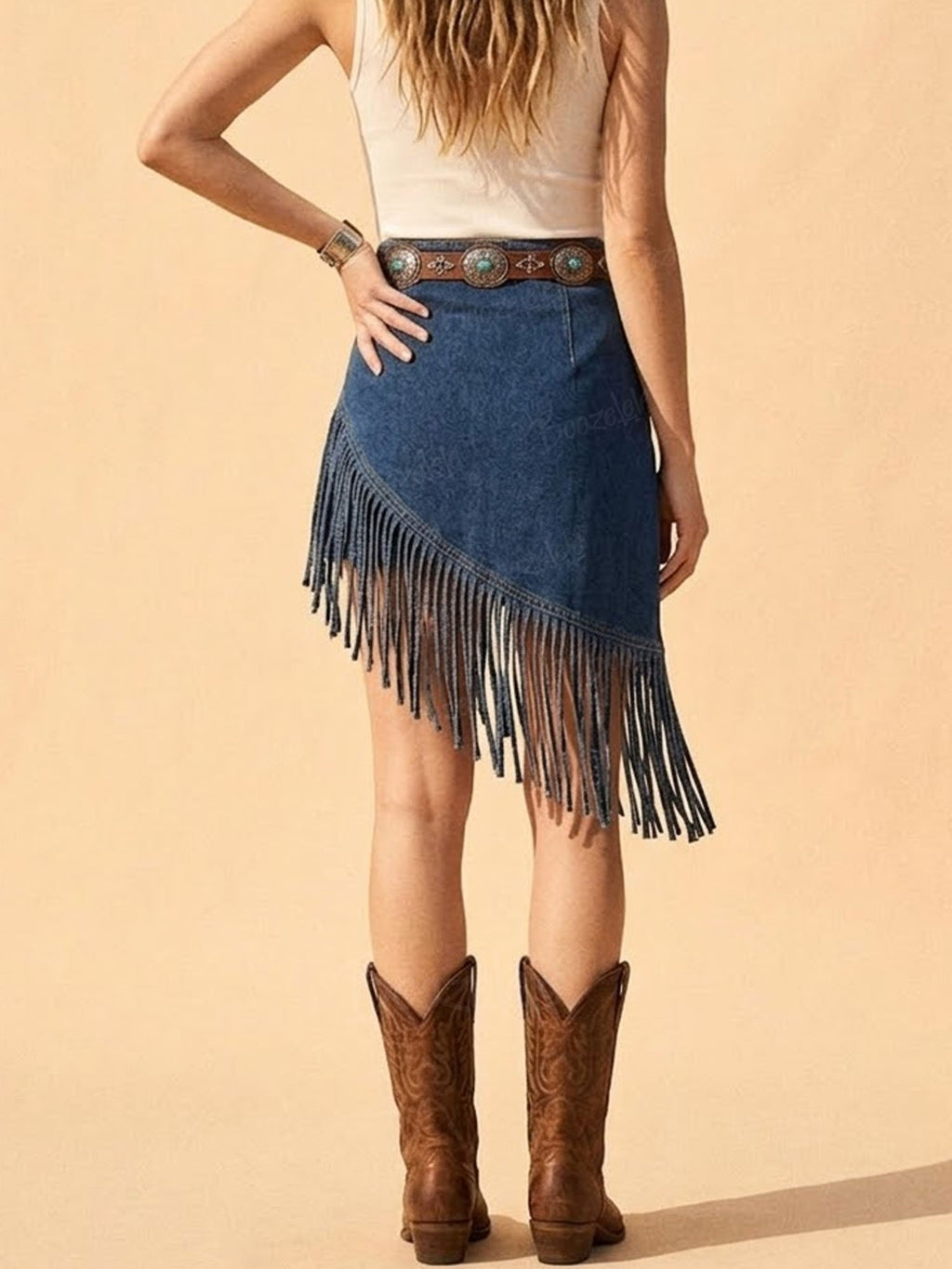 Women's Blue Denim Fringe Western Skirt, High Waist Asymmetrical Fringe Mini Skirt for Rodeo