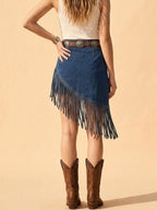 Women's Blue Denim Fringe Western Skirt, High Waist Asymmetrical Fringe Mini Skirt for Rodeo