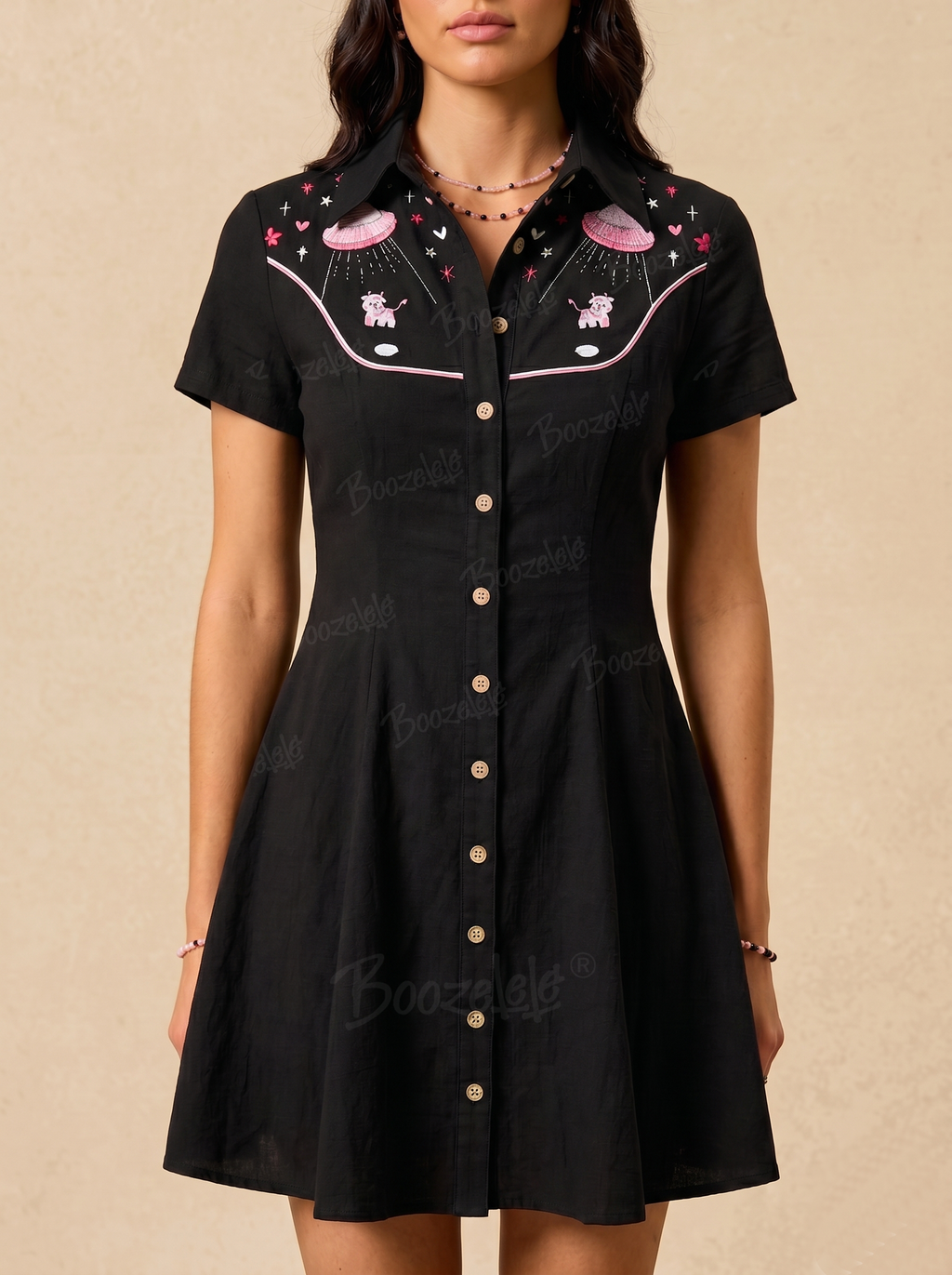 [Embroidery]UFO Captures Pink Cow  - 100% Cotton Dress