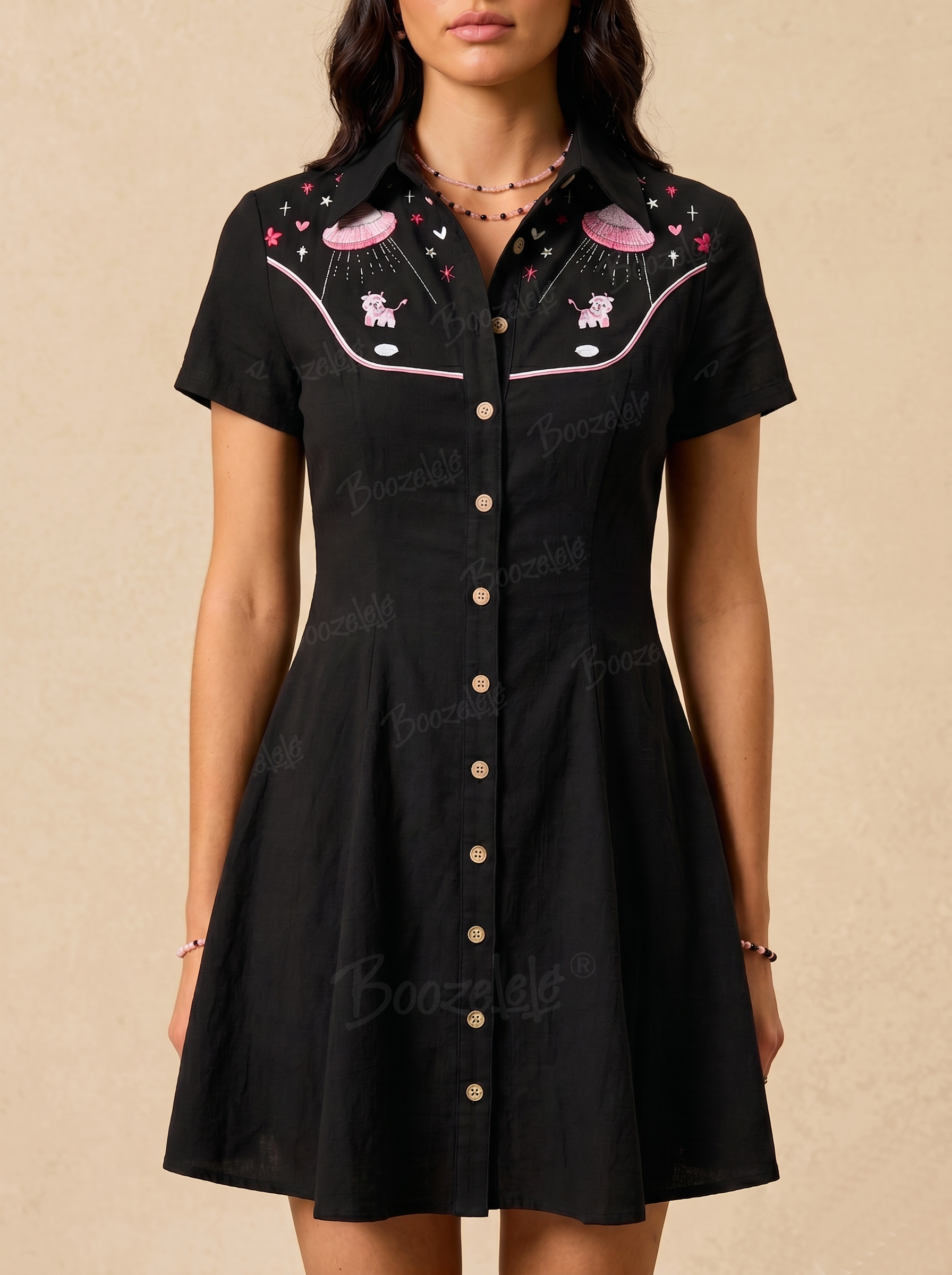 [Embroidery]UFO Captures Pink Cow  - 100% Cotton Dress