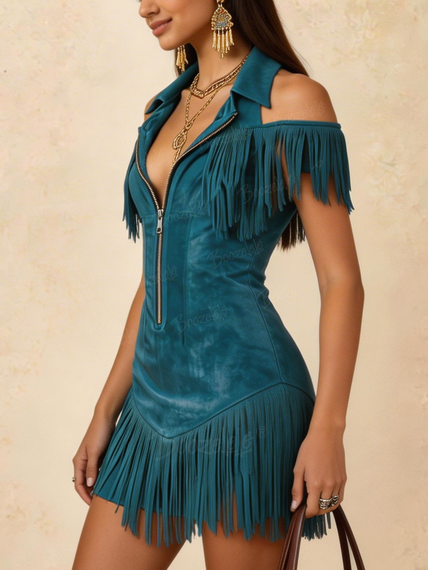 Western-Style Lapel Zipper Tassel Slim-Fit Mini Dress