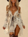 Bohemian Style Deep V-Neck Flared Sleeve Lace-Trimmed Mini Dress