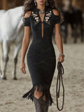 [Embroidery]Women'S Western-Style Off-The-Shoulder Floral And Bird Pattern Fringed Long Dress