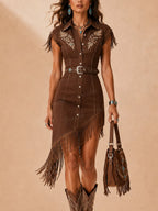 Perfect For Country Music Festivals — 2026 Spring Summer Women'S Vintage Brown Fringe Western Mini Dress(No Belt)