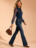 Perfect for Country Music Festivals — 2026 Spring Summer Women's Dark Blue Sheer Mesh Puff Sleeve Denim Shirt