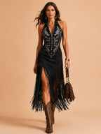 Ideal for a Luxury Western Getaway — Mystery Black Asymmetric Long Fringe Stretch Slim-Fit Slit Maxi Dress