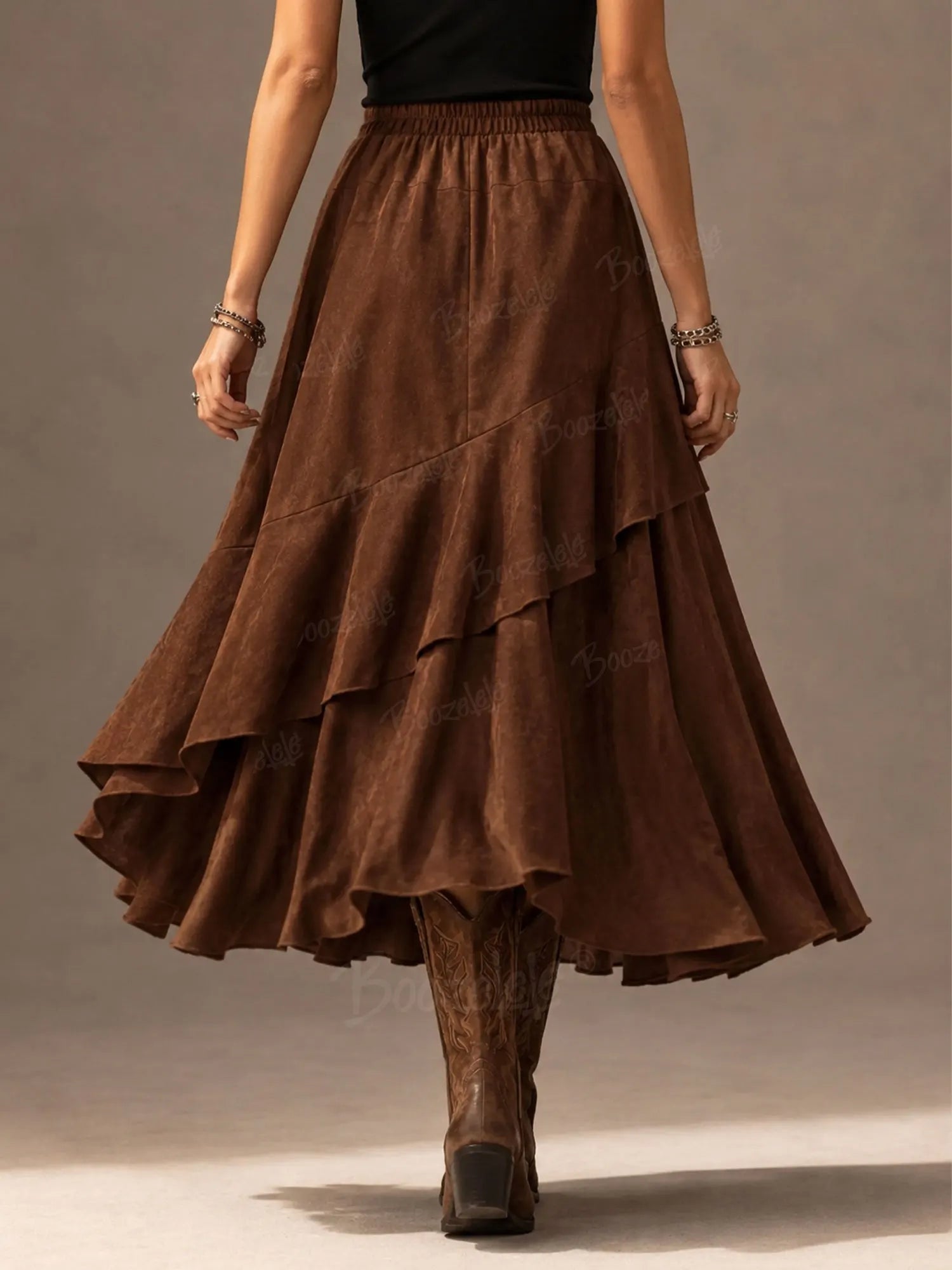 Vintage Western Fringe Skirt, Women's Brown Asymmetrical Ruffle Maxi Skirt