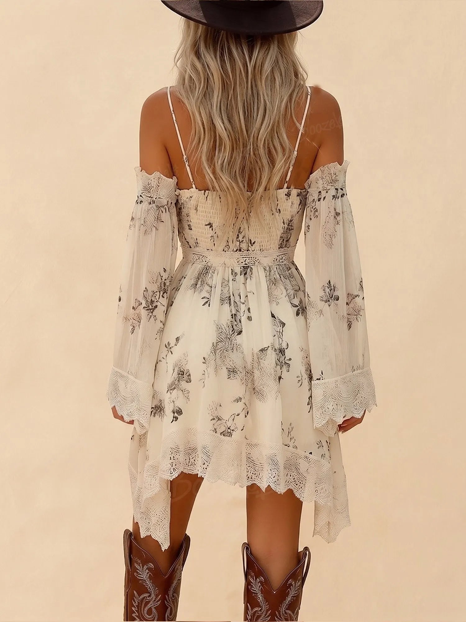 Bohemian Style Deep V-Neck Flared Sleeve Lace-Trimmed Mini Dress