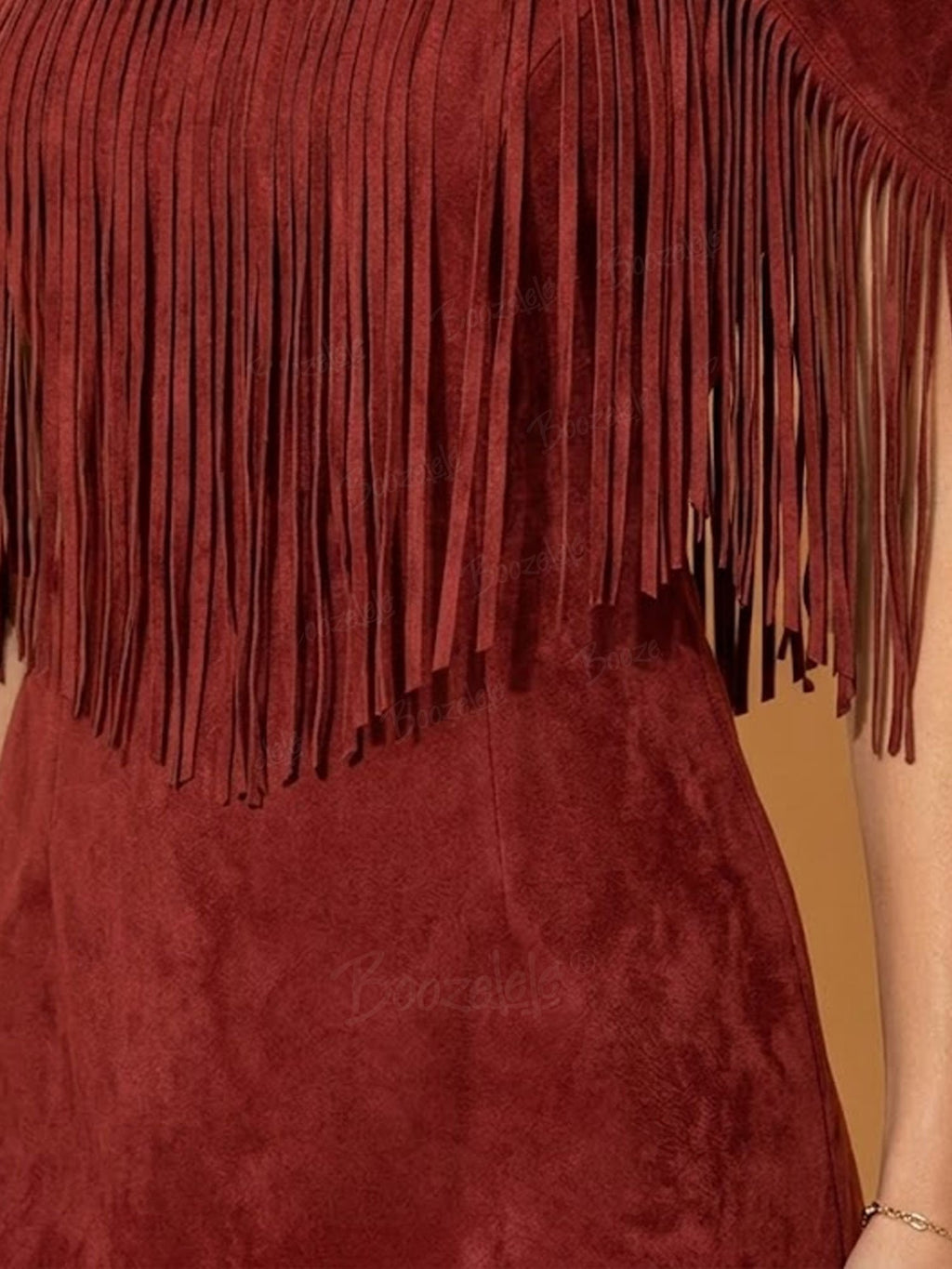 Women's Vintage Western Rust Faux Suede Fringe Mini Dress Cold Shoulder V-Neck Cowgirl Dress