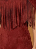 Women's Vintage Western Rust Faux Suede Fringe Mini Dress Cold Shoulder V-Neck Cowgirl Dress